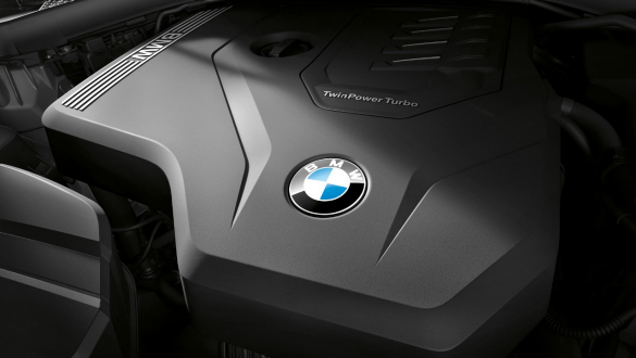 BMW 3 Series Sedan, BMW TwinPower Turbo 4-cylinder petrol engine. Close-up view of the BMW TwinPower Turbo 4-cylinder petrol engine in the BMW 3 Series Sedan.