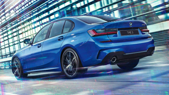 BMW 3 Series Sedan, Adaptive M suspension. Three-quarter rear view of the driving BMW 3 Series Sedan with Adaptive M suspension.