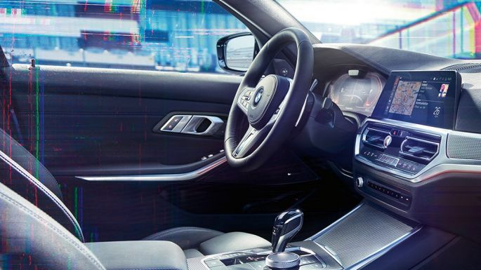 BMW 3 Series Sedan, M instrument cluster G20. Close-up of the interior of the BMW 3 Series Sedan with a lateral view of the cockpit and an instrument panel combination with M-specific display G20.