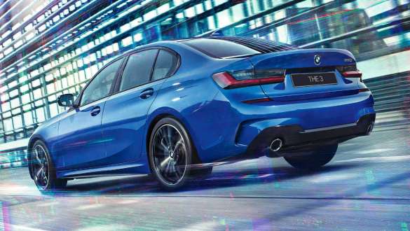 BMW 3 Series Sedan, Adaptive M suspension G20. Three-quarter rear view of the driving BMW 3 Series Sedan with Adaptive M suspension G20.