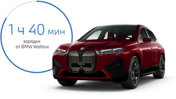 Электрический SUV BMW iX i20, домашняя зарядка BMW iX xDrive50 Электрический SUV BMW iX i20 2021, BMW iX xDrive50 "Красный Авантюрин" заряжается устройством BMW Wallbox