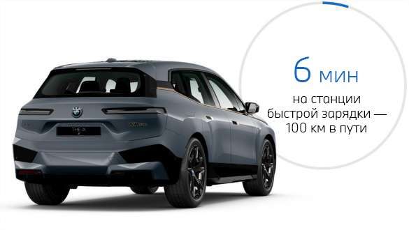 BMW iX M60 i20 2022, электрический SUV, BMW Individual Серый Шторм Бэй металлик, вид сзади в три четверти, с графикой времени зарядки BMW iX M60 i20 2022, электрический SUV, BMW Individual Серый Шторм Бэй металлик, вид сзади в три четверти, с графикой времени зарядки