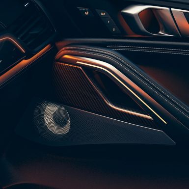 Динамик BMW X6 Интерьер BMW, крупный план с фокусировкой на динамике