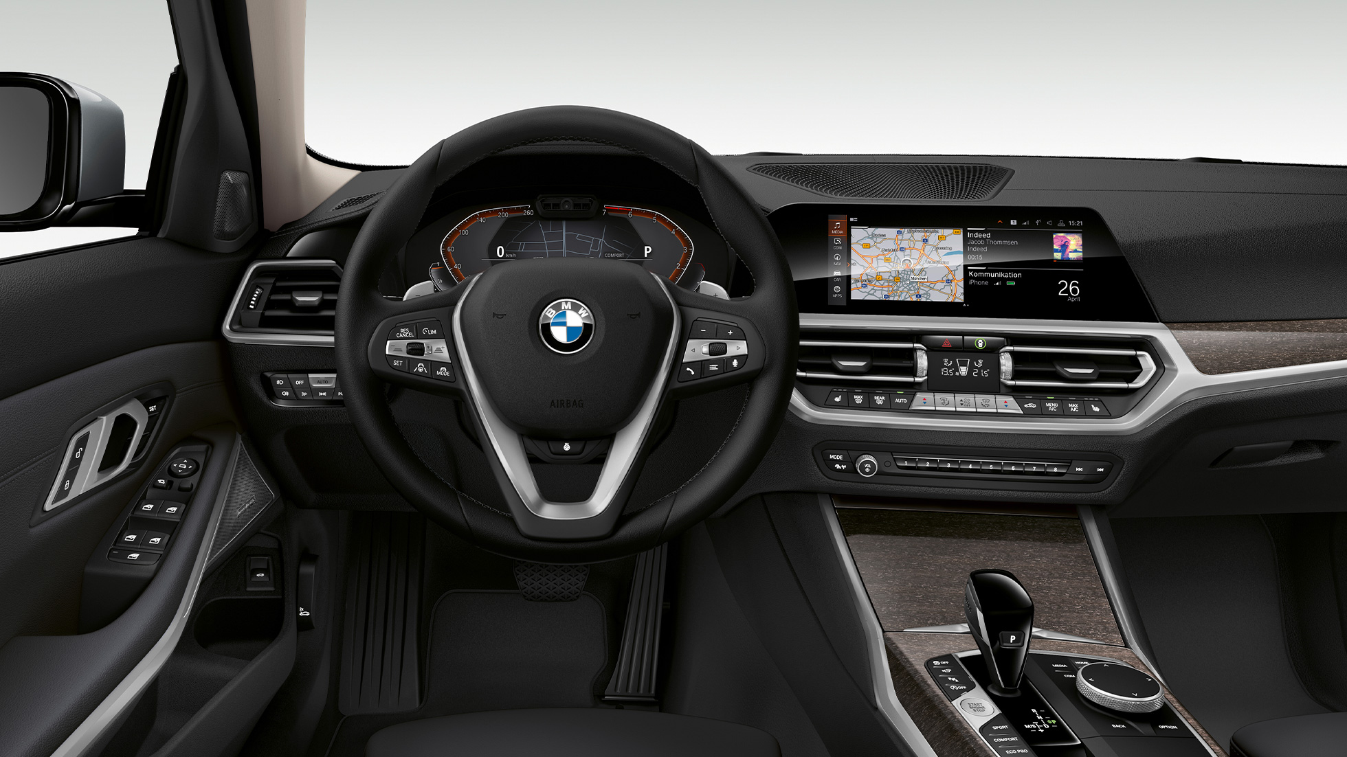 Седан BMW 3 серии Luxury Line, место водителя G20 Крупный план места водителя седана BMW 3 серии Luxury Line G20.