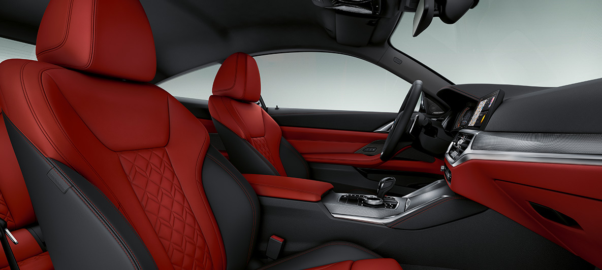 Расширенная отделка кожей Merino BMW Individual «Красный Фиона/Черный» BMW 4 серии Coupe G22 2020 года, интерьер Расширенная отделка кожей Merino BMW Individual «Красный Фиона/Черный» BMW 4 серии Coupe G22 2020 года, интерьер