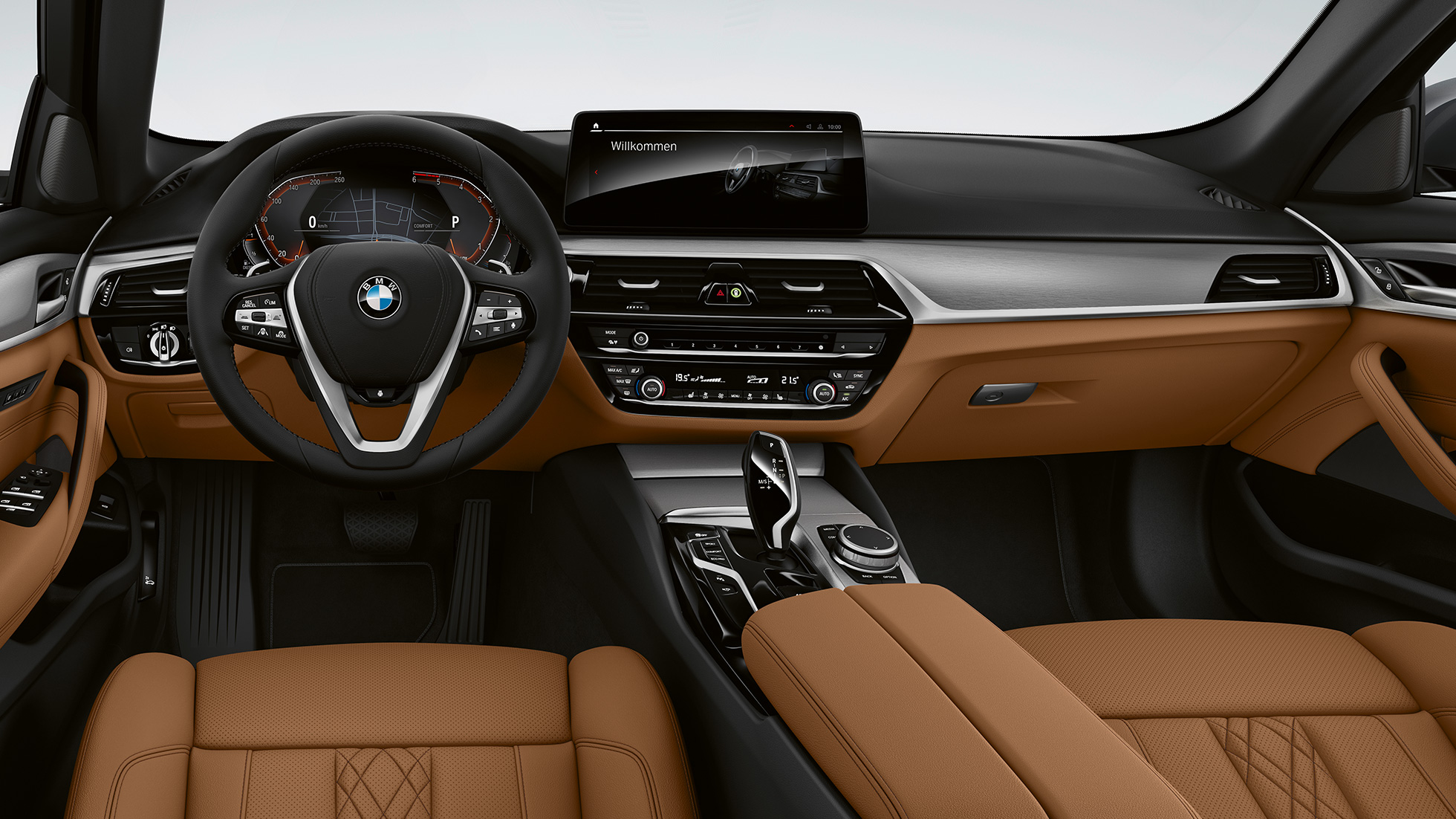 Панель приборов BMW 5 серии G30 в базовой комплектации Панель приборов BMW 5 серии 540i G30 2020 в базовой комплектации, отделка Sensatec «Коньяк», интерьер