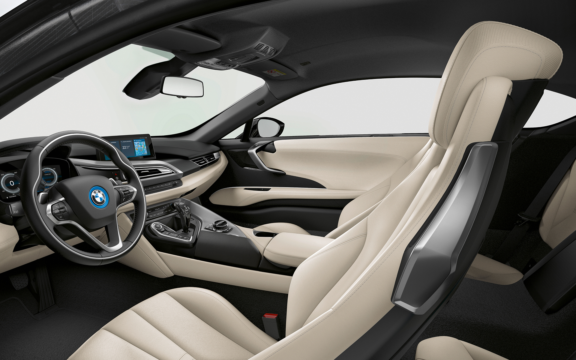 BMW i8 Coupé, белые кожаные сиденья. BMW i8 Купе, Coupe, дизайн интерьера, белые кожаные сиденья, салон, БМВ гибрид.