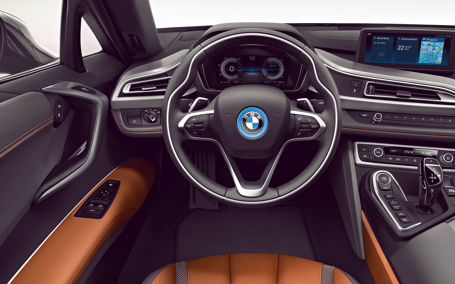 BMW i8 Coupé, руль, приборная панель. BMW i8 Купе, Coupe, руль, приборная панель спереди, БМВ гибрид.