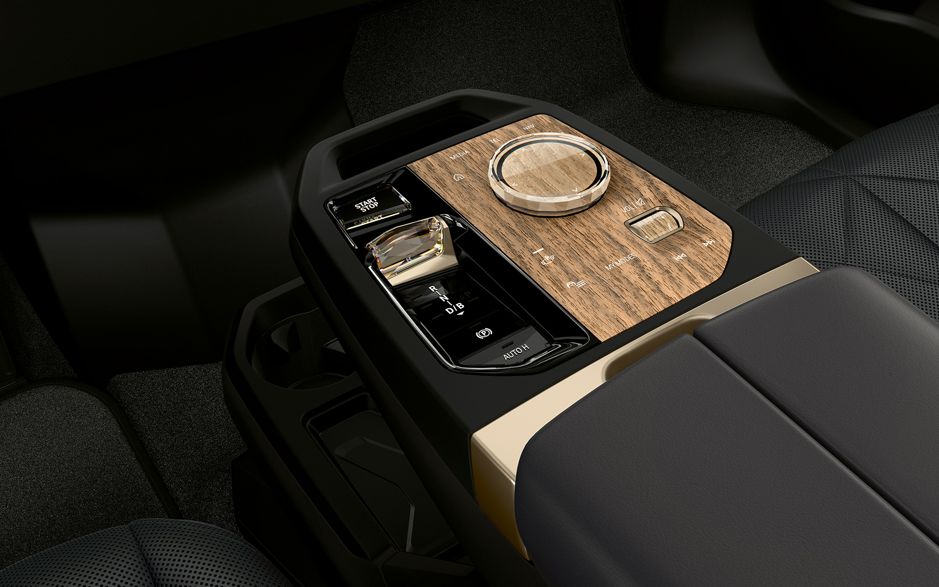 Электрический SUV BMW iX M60 i20 2022, электромобиль, центральная консоль с кнопкой Start/Stop и контроллером BMW, салон