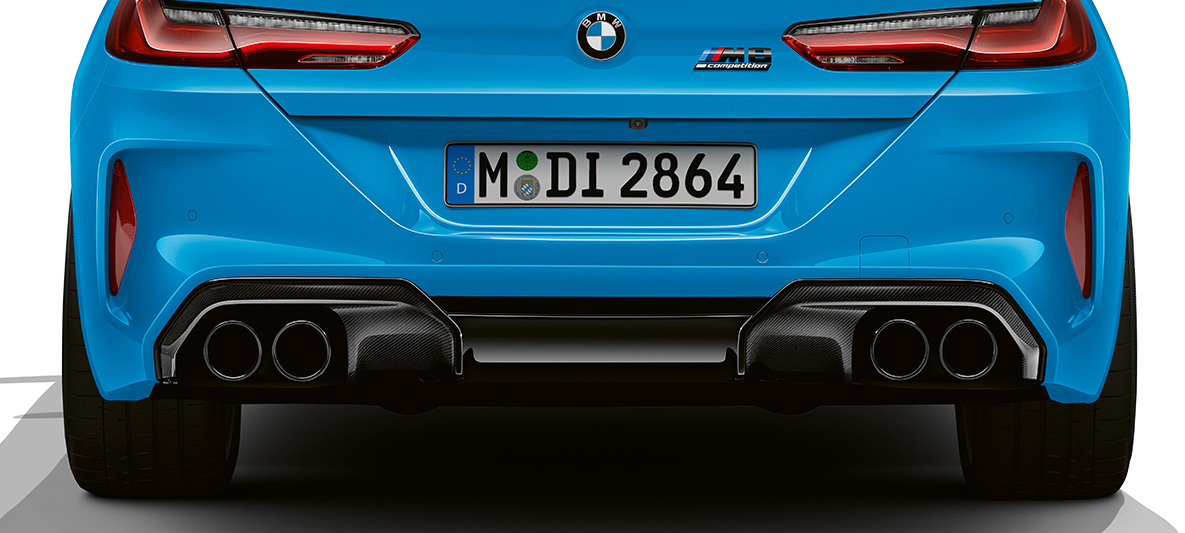 Карбоновый диффузор BMW M8 Competition Coupe F92 LCI Facelift 2022, Синий Дейтона-Бич BMW M8 Competition Coupe F92 LCI Facelift 2022, Синий Дейтона-Бич, карбоновый пакет отделки экстерьера M, задний бампер, крупный план карбонового диффузора