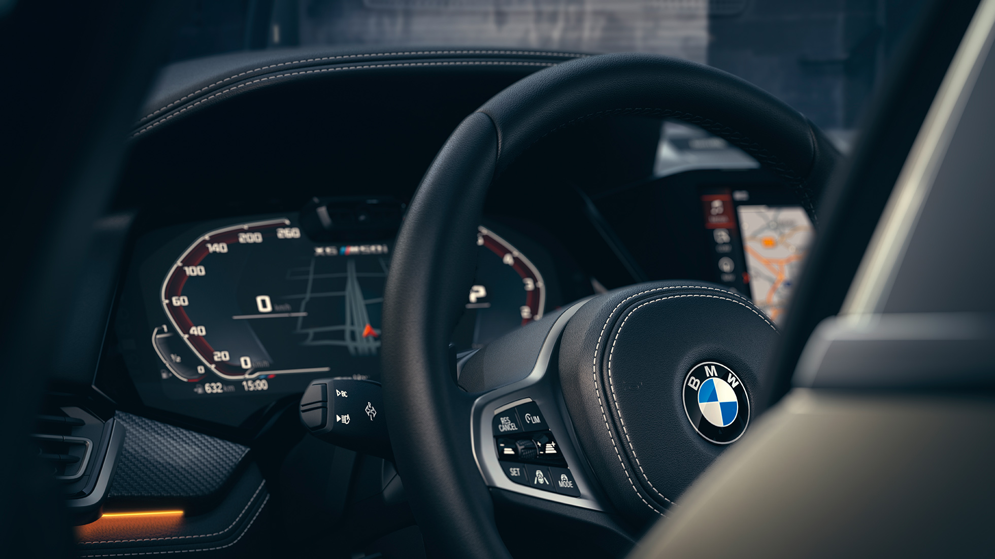 Системы помощи водителю BMW Интерьер BMW , крупный план с фокусировкой на панели приборов