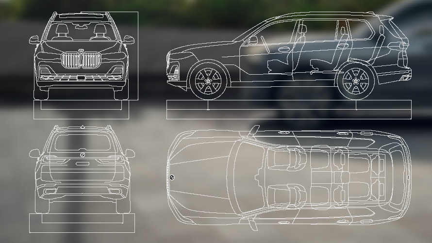 Размерные чертежи, BMW X7 G07 LCI Размерные чертежи, виды спереди, сбоку, сзади, сверху, BMW X7 G07 LCI