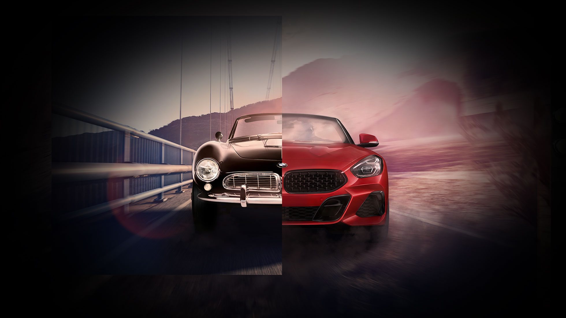 BMW 507 and BMW Z4 Roadster G29 Split screen of black BMW 507 and BMW Z4 Roadster G29