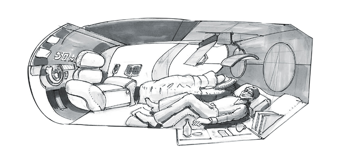 Car interior of the future Drawing of the interior of an autonomous driving car in the future.