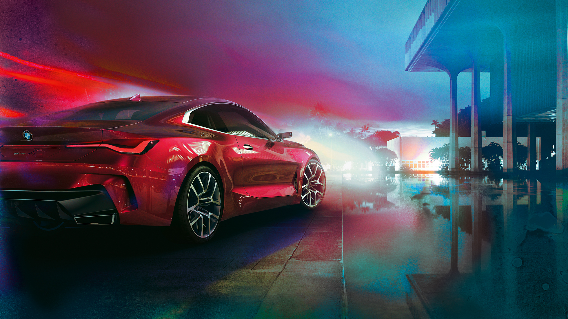 Концепт BMW 4 серии Coupe: вид сзади с поворотом в три четверти Концепт BMW 4 серии Coupe: кузов в красном цвете Forbidden Red, вид сзади с поворотом в три четверти