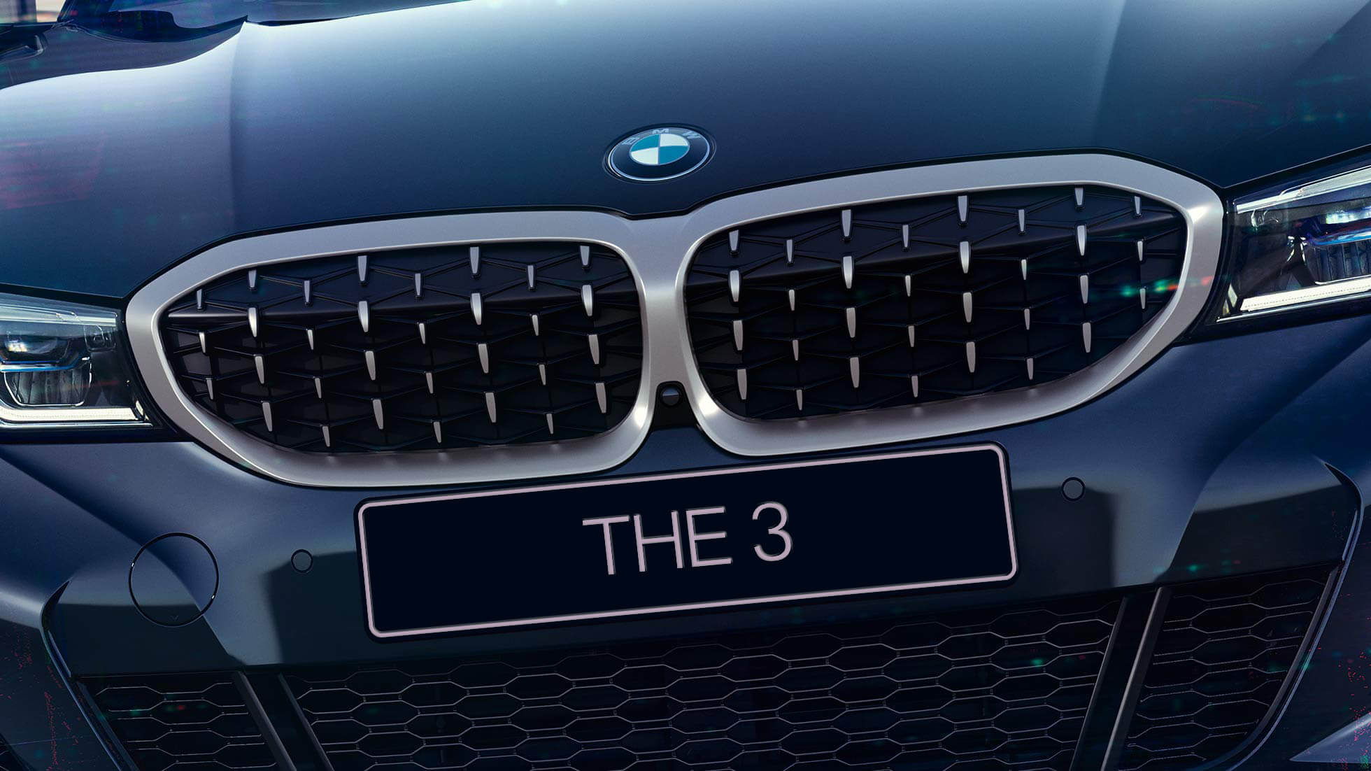 BMW 3 Series Sedan, BMW double kidney grille G20. Frontal close-up of the BMW double kidney grille with mesh design of the BMW 3 Series Sedan M340i xDrive G20.