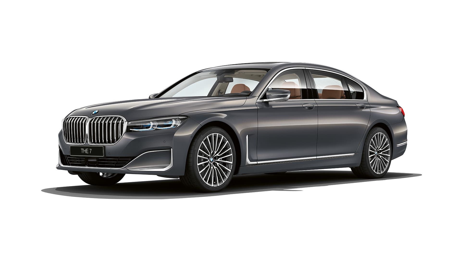 BMW 7 серии с дизайном Pure Excellence: вид спереди с поворотом в три четверти G11 BMW 7 серии серого цвета с дизайном Pure Excellence: вид спереди с поворотом в три четверти G11