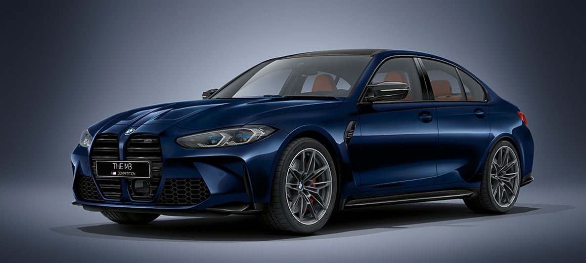 BMW M3 G80 2020 "BMW Individual Синий Танзанит металлик" BMW M3 G80 2020 "BMW Individual Синий Танзанит металлик", вид спереди в три четверти в статике