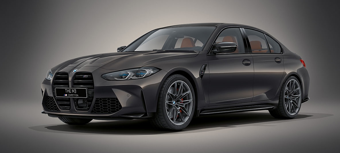 BMW M3 G80 2020 "BMW Individual Серый Дравит металлик" BMW M3 G80 2020 "BMW Individual Серый Дравит металлик", вид спереди в три четверти в статике